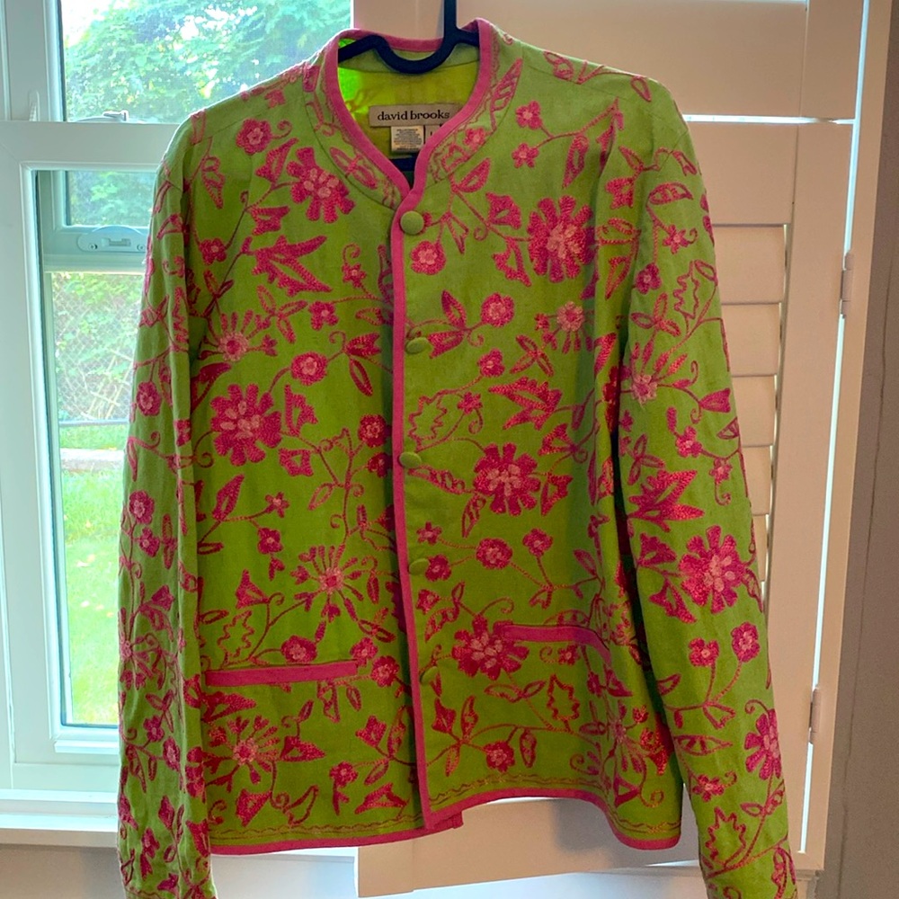 David Brooks Green Collarless Button Front Jacket
